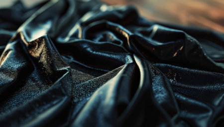 Closeup of crumpled black satin fabric texture background.の素材