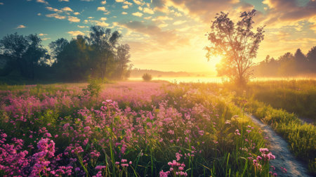 Beautiful summer sunrise over a meadow with pink wildflowersの素材