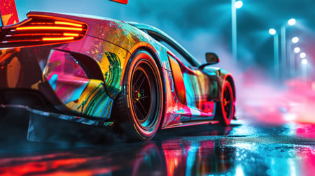 3D rendering of a sports car in the street at night.の素材