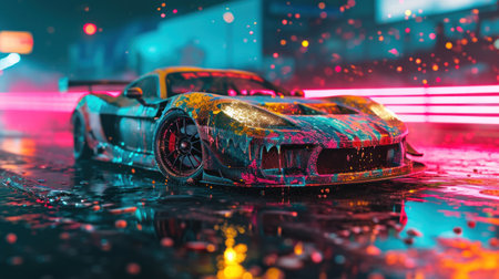 Futuristic car on the road at night. 3d rendering.の素材