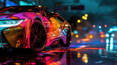Close-up of a sports car in the street at night.の素材