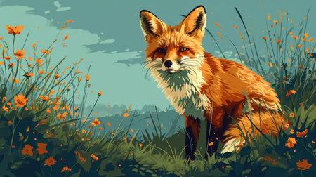 Red fox in the meadow with wildflowers. Vector illustration.の素材