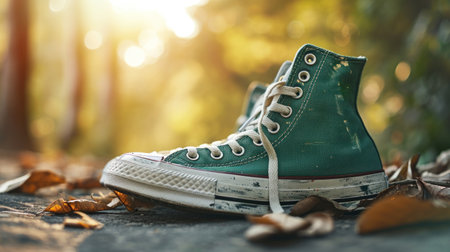Green sneakers on the ground in the park. Selective focus.の素材