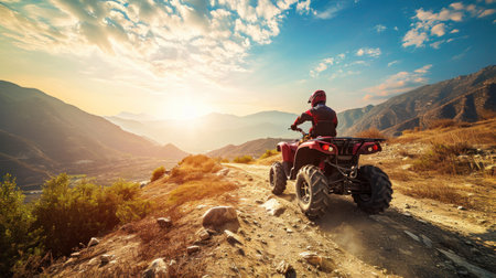 ATV rider on the mountain road at sunset. Extreme sport.の素材