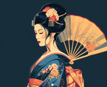 Japanese geisha in kimono with fan. Vector illustration.の素材