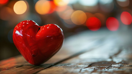 Valentine's day background with heart on wooden table and bokeh lightsの素材