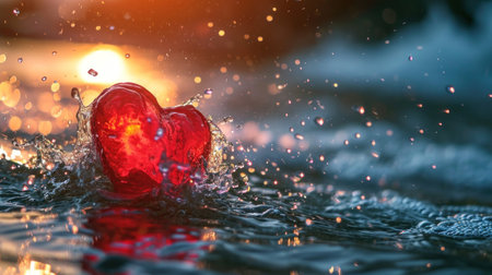 Red heart in water with splashes of water on a sunset backgroundの素材