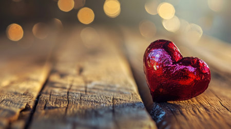 Red heart on wooden table with bokeh background. Valentines day concept.の素材