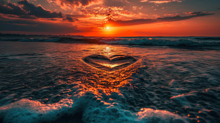 Beautiful sunset over the sea with heart shape in the water.の素材