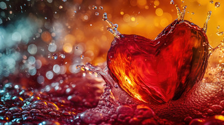 Red heart in water with drops and bokeh background. Love conceptの素材