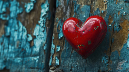 Red heart on an old wooden background. Valentines day concept.の素材
