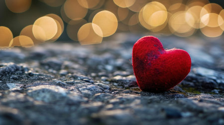 Red heart on stone with bokeh background. Valentine's day concept.の素材
