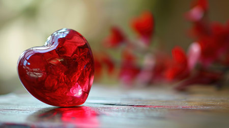 Red heart on a wooden table. Valentines day background. Love concept.の素材