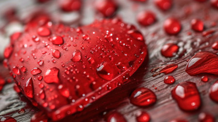 Red heart with drops of water on a wooden background, close-upの素材