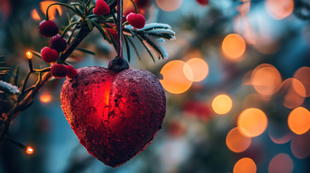 Christmas tree with red heart-shaped decoration on bokeh backgroundの素材