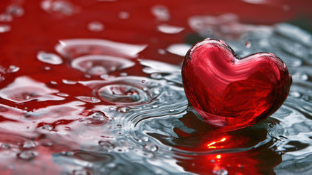 Red heart on the water surface with drops. Valentine's day backgroundの素材