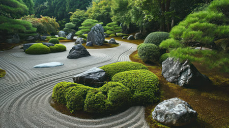 zen garden with stone and moss in japanese zen gardenの素材