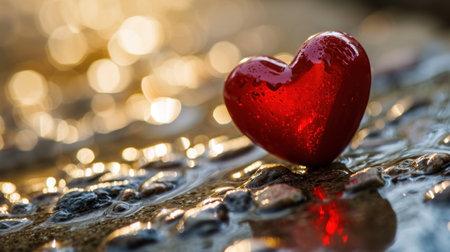 Red heart on the wet sand. Valentines day background. Love concept.の素材
