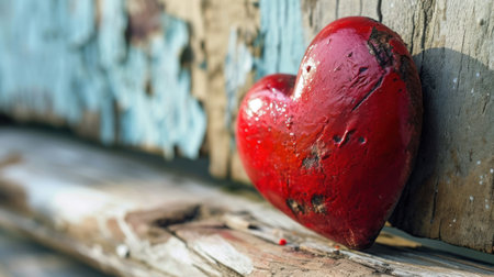 Red heart on a wooden fence. Valentine's Day background. Love concept.の素材