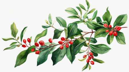 Holly branch with red berries isolated on white background. Watercolor illustration.の素材