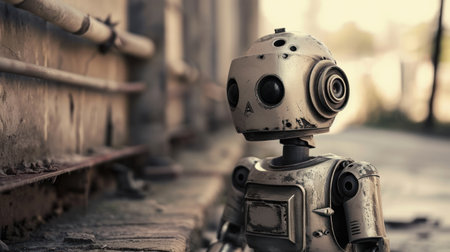 robot on the rails of an old abandoned factory, vintage styleの素材