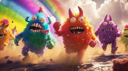 Funny colorful monsters with rainbow in the background. Halloween concept.の素材