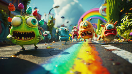 Funny colorful monsters on the street in the city. Selective focus.の素材