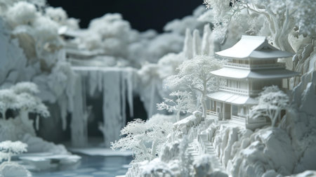 3d render of white japanese temple in the winter.の素材