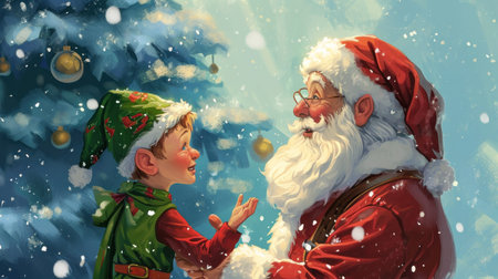 Santa Claus and little cute boy having fun on christmas background.の素材