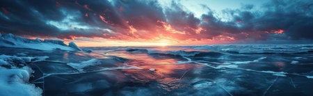 Panoramic view of the sunset over the sea and mountains.の素材
