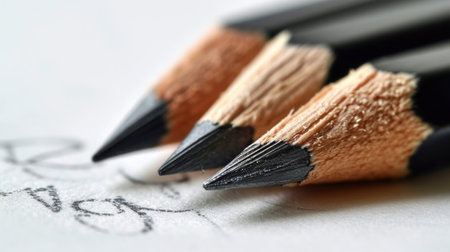 Pencils on a white sheet of paper, close up shotの素材