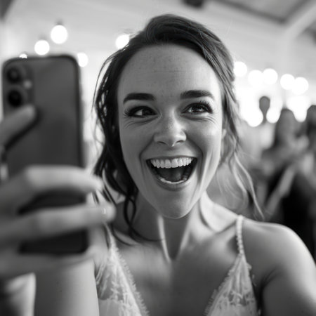 Black and white portrait of a happy young bride taking a selfie.の素材