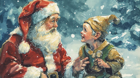 Digital painting of Santa Claus and his little daughter. Christmas theme.の素材