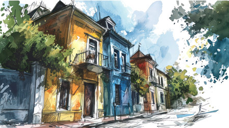 Watercolor sketch of a street in the old town of Lisbon, Portugal.の素材