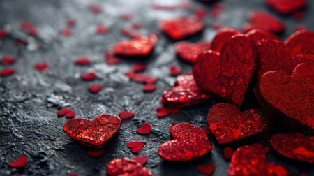 Valentine's day background with red hearts on black wooden tableの素材