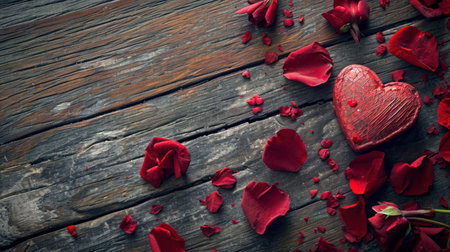 Red rose petals and heart on wooden background. Valentines day concept.の素材