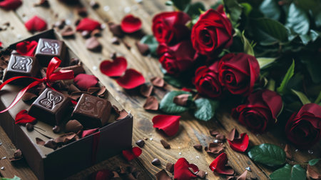 Red roses and chocolate on a wooden background. Valentine's Day.の素材