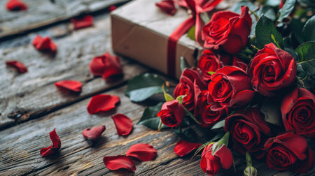 Bouquet of red roses with a gift box on a wooden backgroundの素材