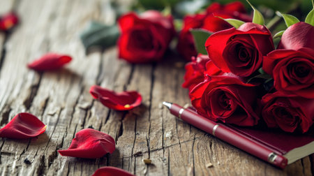 Valentines day background with red roses and pen on wooden tableの素材