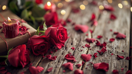 Valentine's day background with red roses and gift box on wooden tableの素材