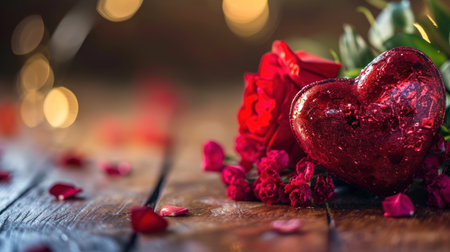 Valentines day background with red heart, roses and bokehの素材