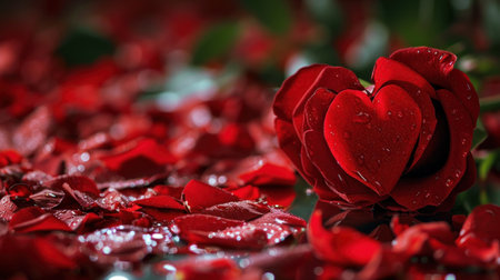 Red rose petals with water drops on black background. Valentine's day concept.の素材