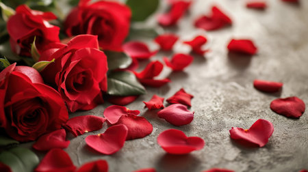 Beautiful red roses and petals on grey table, closeupの素材