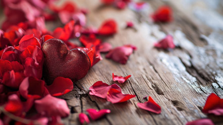 Valentines day background with red rose petals and wooden heartの素材