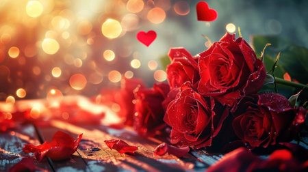 Valentines day background with red roses and bokeh lightsの素材