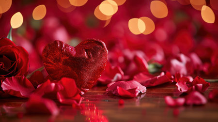 Foto per Red rose petals and heart on wooden table with bokeh background - Immagine Royalty Free