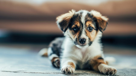 Cute puppy lying on the floor in the living room at homeの素材