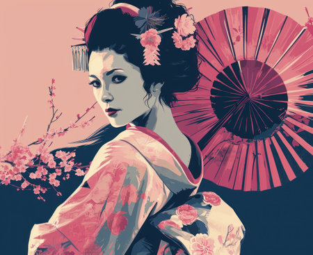 Beautiful japanese geisha. Retro style. Vector illustration.の素材