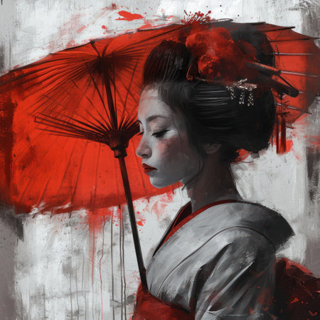 Beautiful Japanese geisha with umbrella on grunge background. Digital paintingの素材
