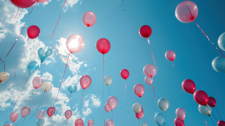 Bunch of colorful balloons flying in the blue sky with clouds.の素材